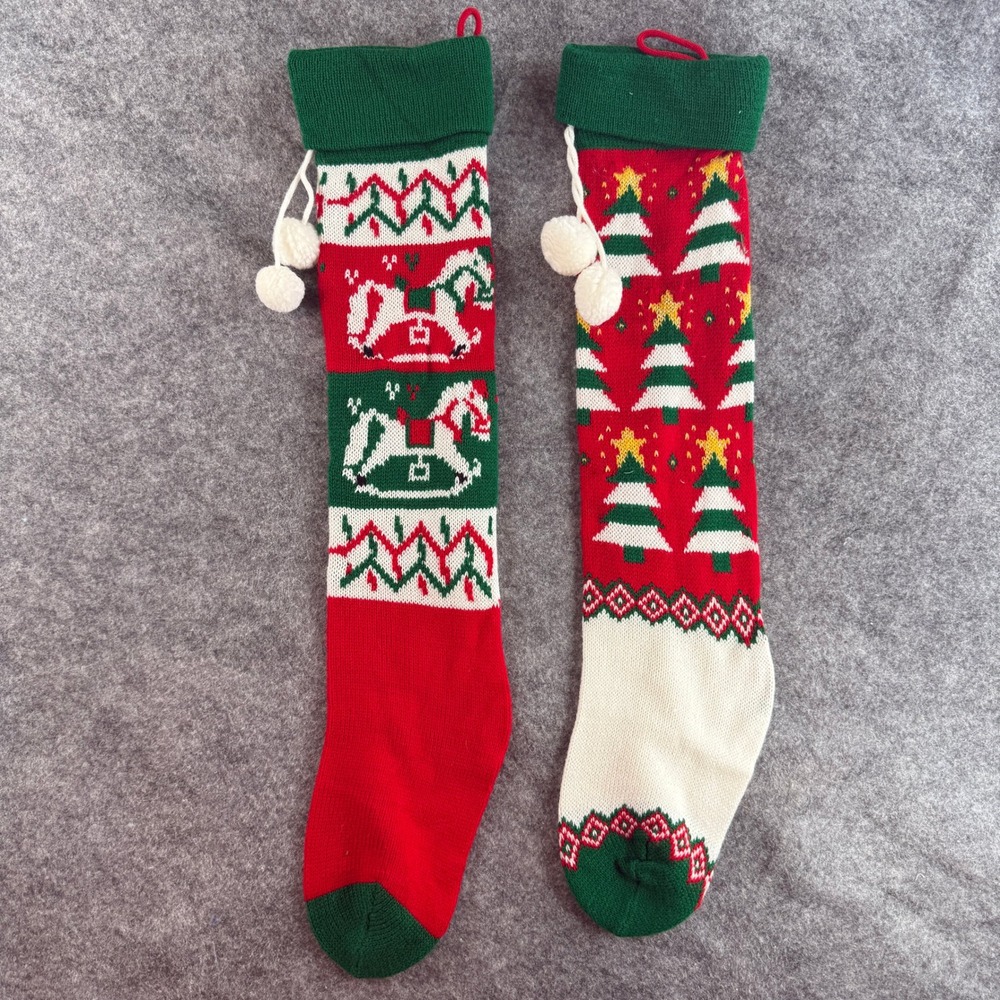 Christmas Stocking Set Knit Red Green Knit Rocking Horse Tree Pom Poms